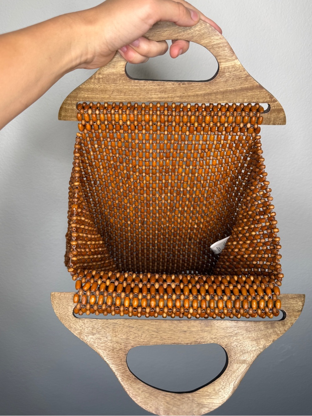 Anthropologie Beaded Wood Handle Tote Brown Lightweight Bag OS - Picture 4 of 8